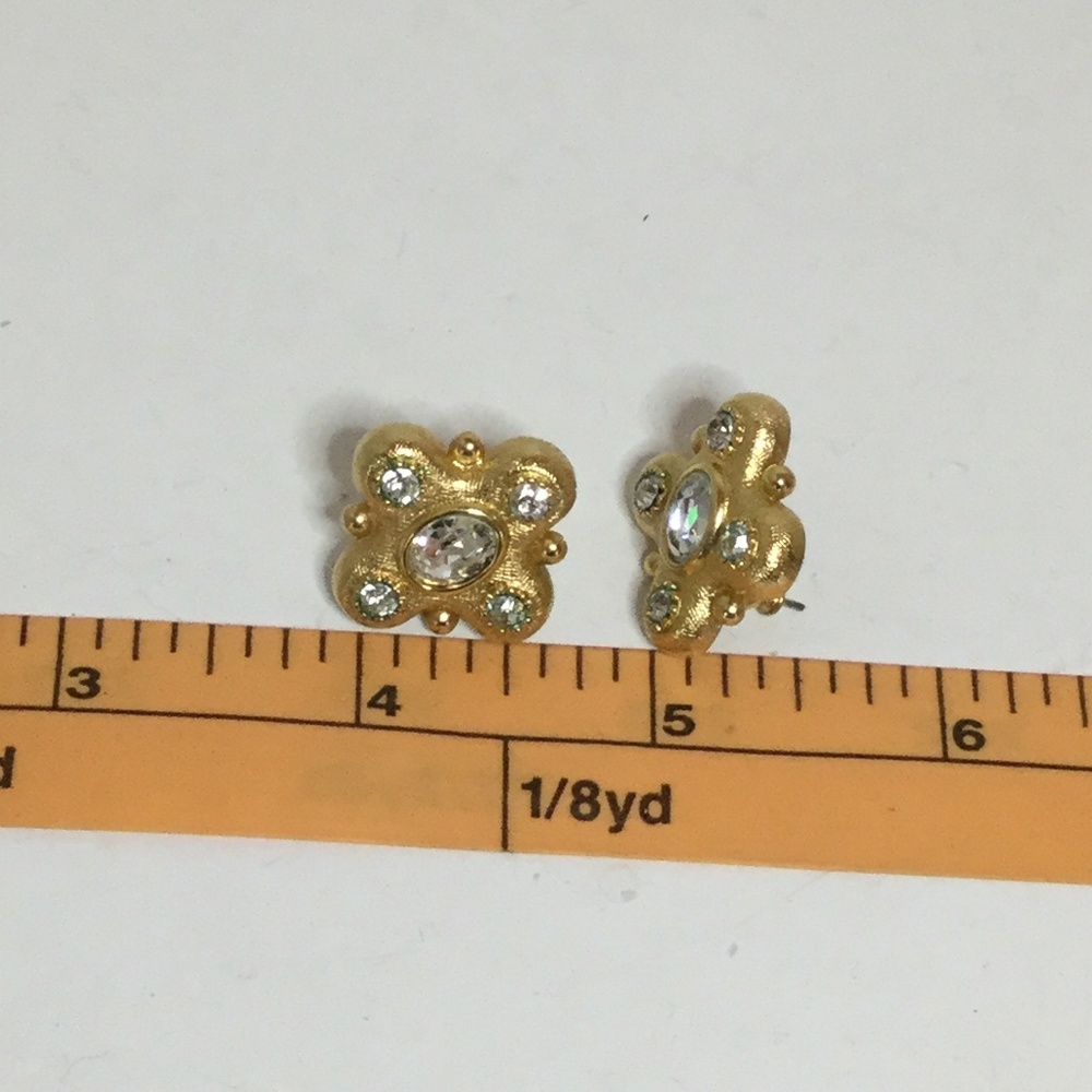 Gold Tone Post Back Rhinestone Earrings - Picture 3 of 3